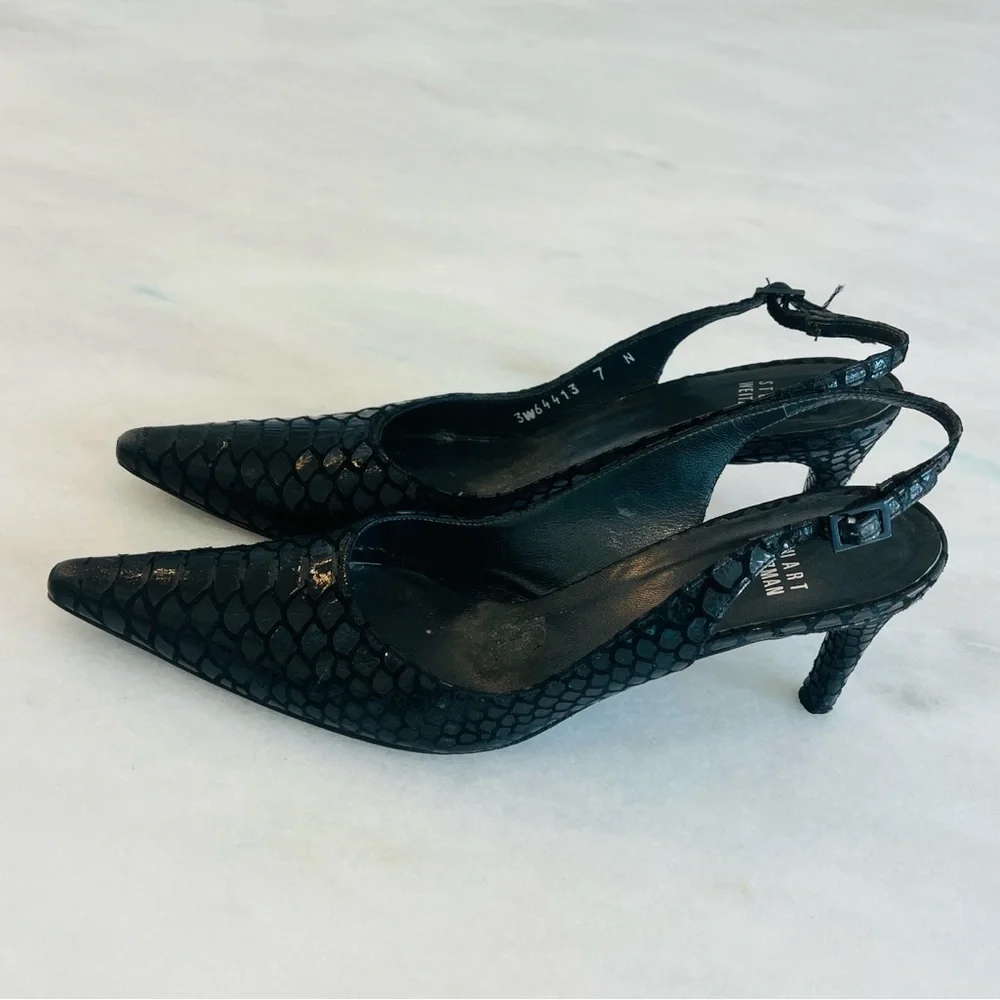 Stuart Weitzman Black Textured Snake Skin Slingback Pointed Heels Size 7 Narrow